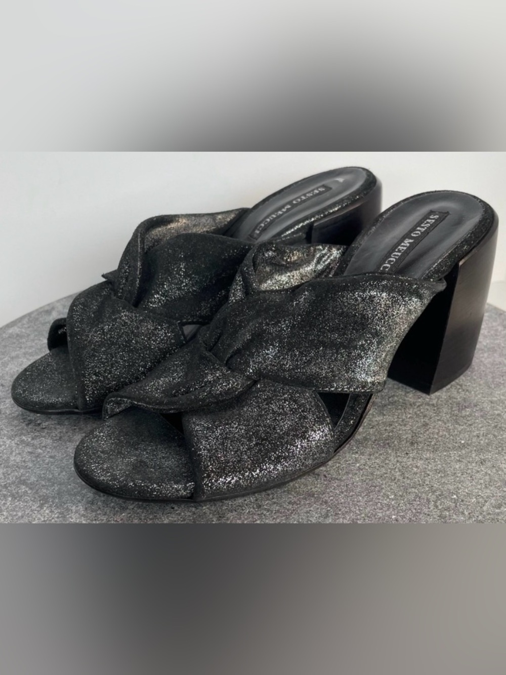 Sesto Meucci Black Sparkle Leather Twist Knot Mules Heels 37